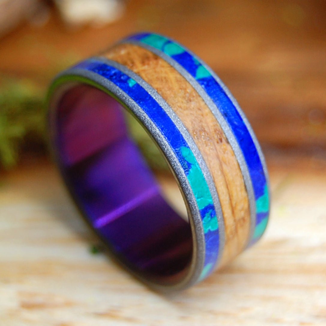 CALIFORNIA CABERNET | Wine Barrel & Azurite Malachite & Titanium Wedding Ring - Minter and Richter Designs