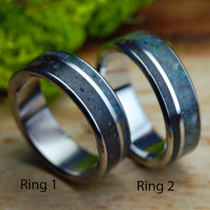 CALIFORNIA SUNFLOWER LAVA I & II | Sunflower Petals in Lava, California Serpentine Stone & Inox Steel Wedding Rings - Minter and Richter Designs