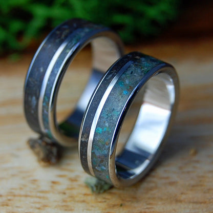 CALIFORNIA SUNFLOWER LAVA I & II | Sunflower Petals in Lava, California Serpentine Stone & Inox Steel Wedding Rings - Minter and Richter Designs