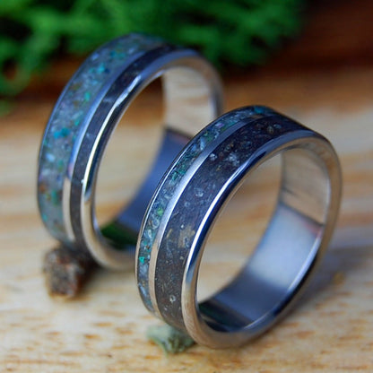CALIFORNIA SUNFLOWER LAVA I & II | Sunflower Petals in Lava, California Serpentine Stone & Inox Steel Wedding Rings - Minter and Richter Designs