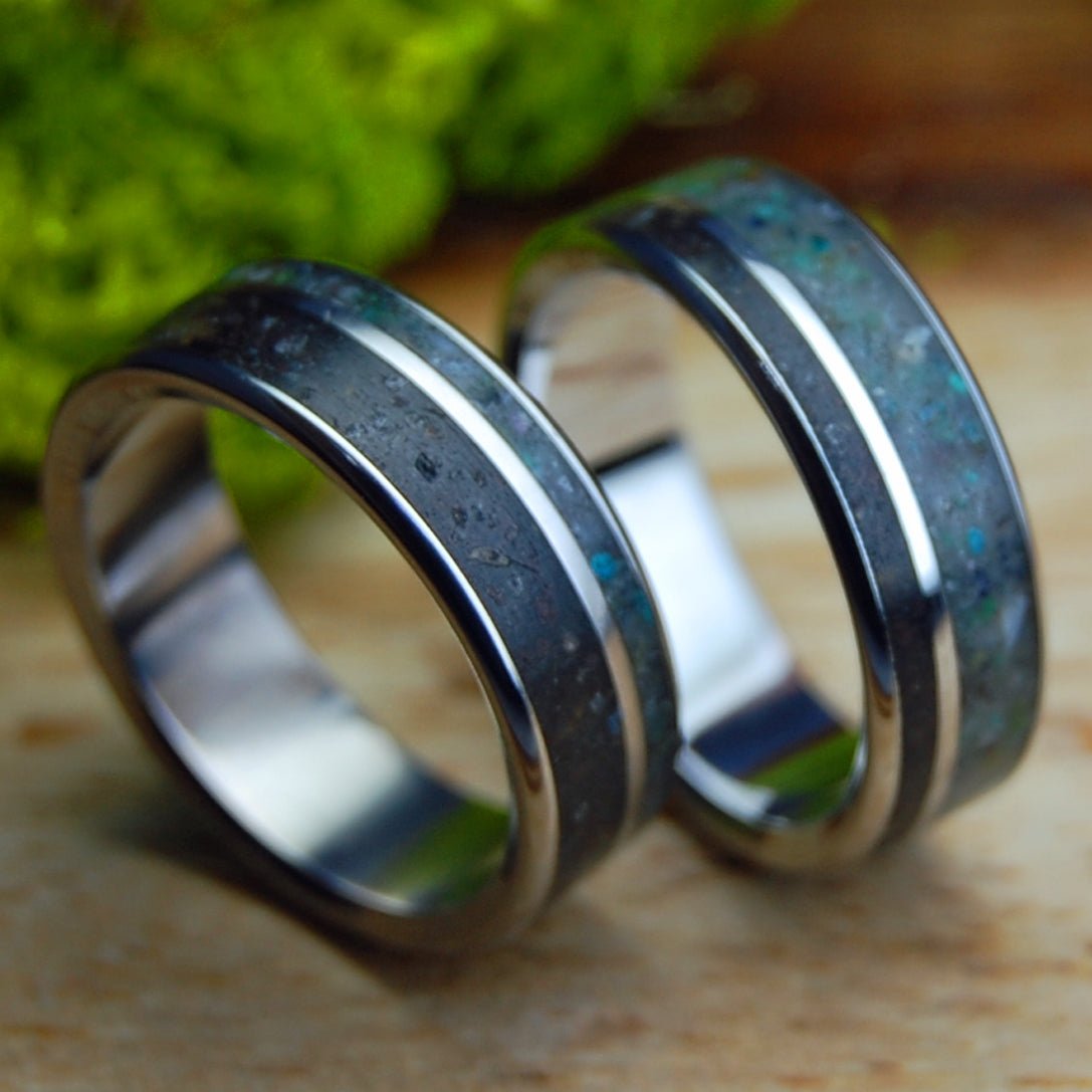 CALIFORNIA SUNFLOWER LAVA I & II | Sunflower Petals in Lava, California Serpentine Stone & Inox Steel Wedding Rings - Minter and Richter Designs