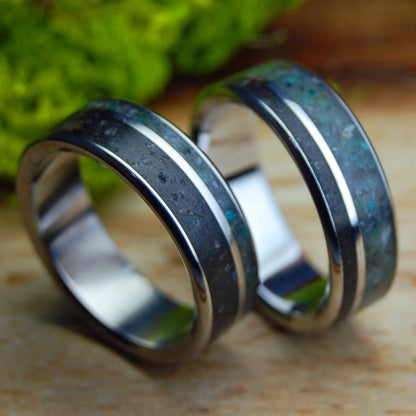 CALIFORNIA SUNFLOWER LAVA I & II | Sunflower Petals in Lava, California Serpentine Stone & Inox Steel Wedding Rings - Minter and Richter Designs