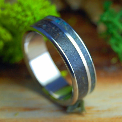CALIFORNIA SUNFLOWER LAVA I | Sunflower Petals in Lava, California Serpentine Stone & Inox Steel Wedding Ring - Minter and Richter Designs