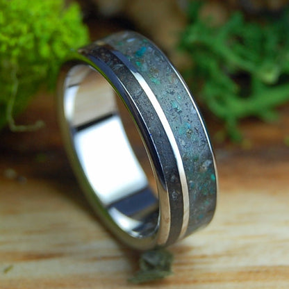 CALIFORNIA SUNFLOWER LAVA II | Sunflower Petals in Lava, California Serpentine Stone & Inox Steel Wedding Ring - Minter and Richter Designs