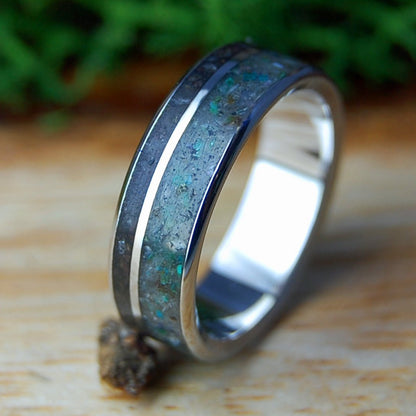 CALIFORNIA SUNFLOWER LAVA II | Sunflower Petals in Lava, California Serpentine Stone & Inox Steel Wedding Ring - Minter and Richter Designs