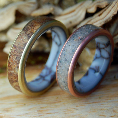 CAMBODIAN WILD SPALTED MAPLE | Cambodian Rocks, Brass, Copper, Maple, Wild Horse Jasper - His & Hers Wedding Bands - Stone Wedding Rings - Minter and Richter Designs