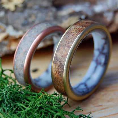 CAMBODIAN WILD SPALTED MAPLE | Cambodian Rocks, Brass, Copper, Maple, Wild Horse Jasper - His & Hers Wedding Bands - Stone Wedding Rings - Minter and Richter Designs