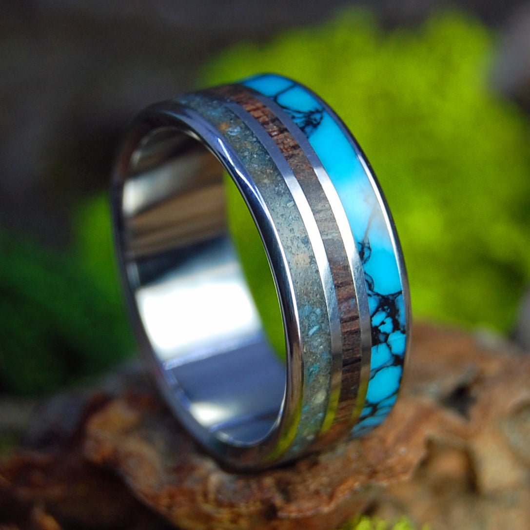 Cape Cod National Seashore | Men's Beach Sand, Turquoise, Koa Wood & Titanium Wedding Ring - Minter and Richter Designs