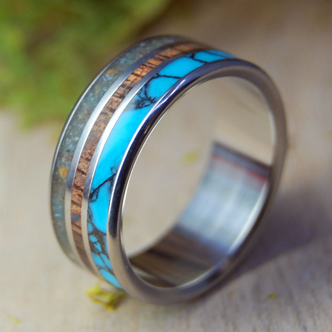 Cape Cod National Seashore | Men's Beach Sand, Turquoise, Koa Wood & Titanium Wedding Ring - Minter and Richter Designs