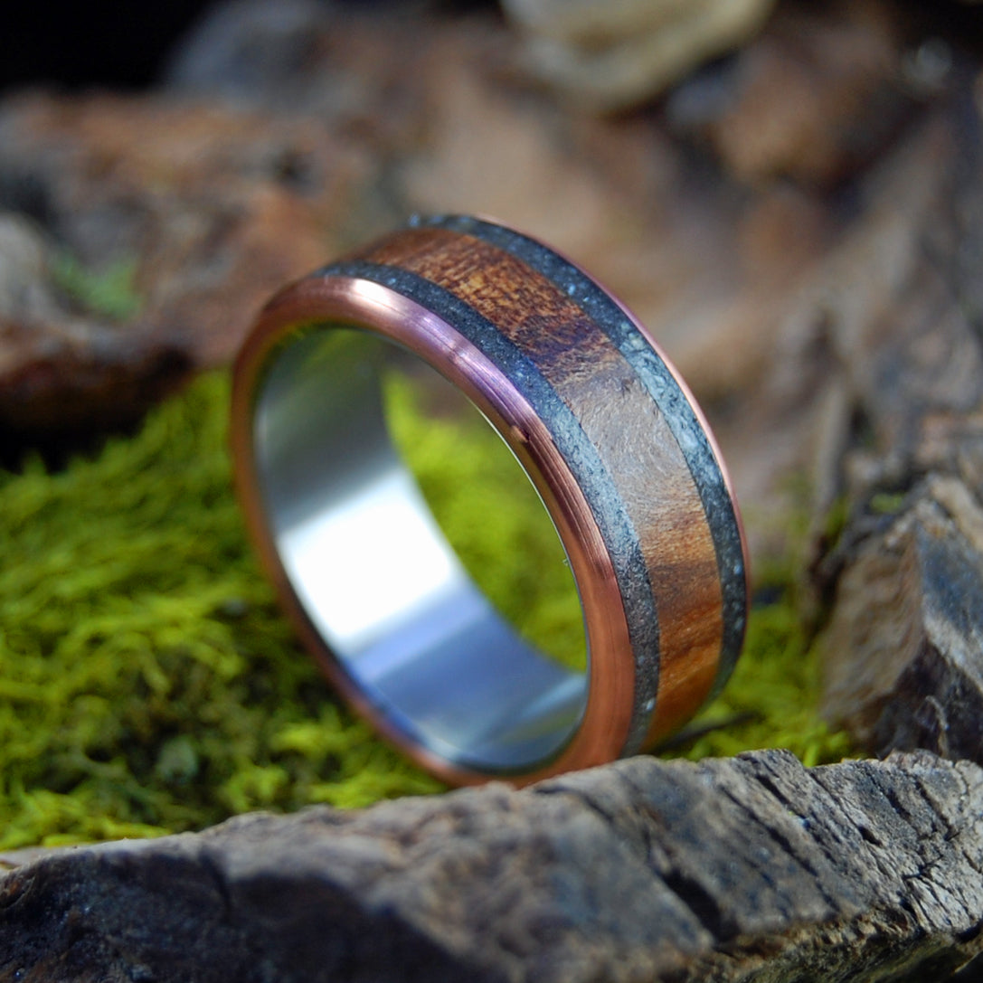 CA REDWOOD & LAKE TAHOE BEACH STONES|  Redwood Copper Wedding Rings - Unique Wedding Rings - Minter and Richter Designs