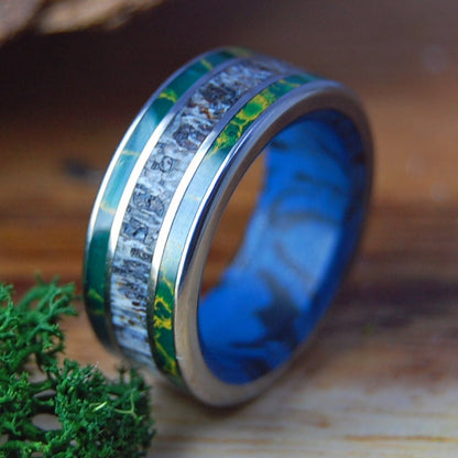 CARIBOU ABOVE THE LAKE | Men's Egyptian Jade, Mokume & Caribou Antler Wedding Ring - Minter and Richter Designs