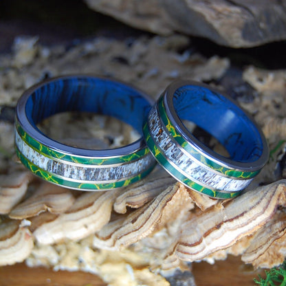 CARIBOU ABOVE THE LAKE SET | Egyptian Jade, Mokume & Caribou Antler Wedding Rings - Minter and Richter Designs