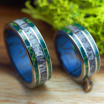 CARIBOU ABOVE THE LAKE SET | Egyptian Jade, Mokume & Caribou Antler Wedding Rings - Minter and Richter Designs