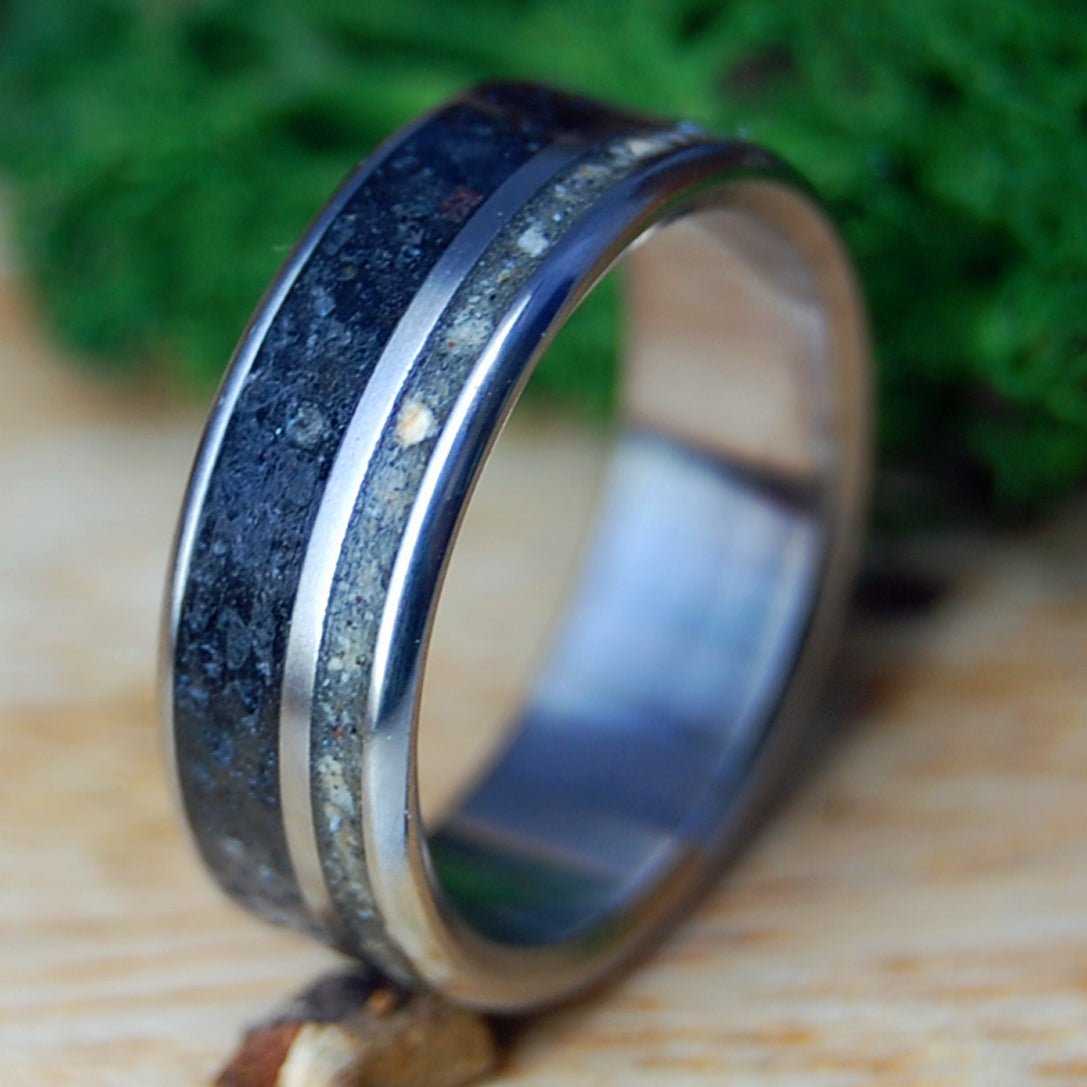 CAROLINA VIKING | Kiawah Beach Sand & Icelandic Lava Titanium Wedding Ring - Minter and Richter Designs