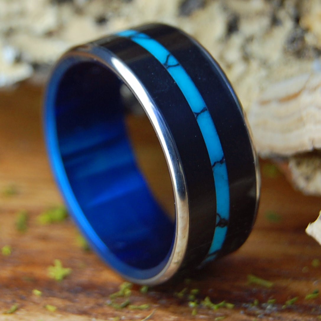 CENTERED APOLLO BLUE | Men's Onyx, Turquoise & Titanium Wedding Ring - Minter and Richter Designs