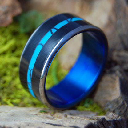 CENTERED APOLLO BLUE | Men's Onyx, Turquoise & Titanium Wedding Ring - Minter and Richter Designs