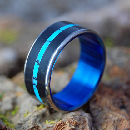CENTERED APOLLO BLUE | Men's Onyx, Turquoise & Titanium Wedding Ring - Minter and Richter Designs