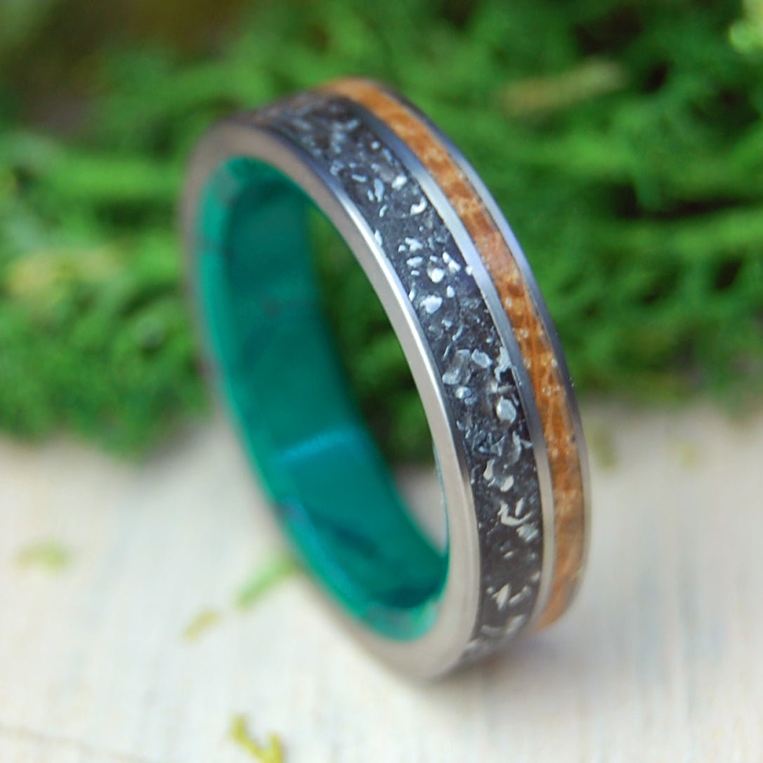 Cessna Plane Whiskey | Men's Crushed Plane Parts, Whiskey Barrel & Jade Stone | Titanium Wedding Ring - Minter and Richter Designs
