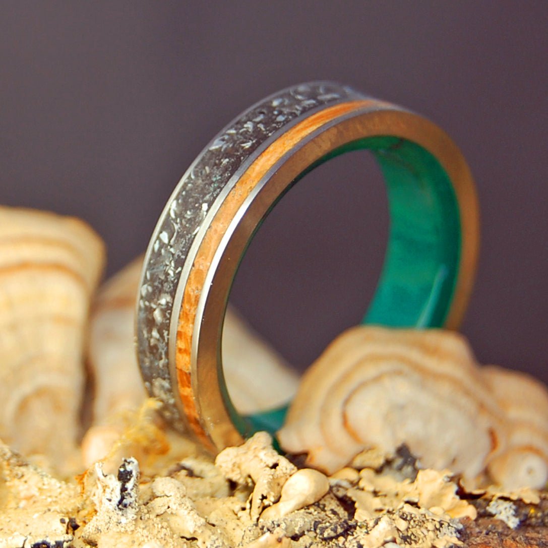 Cessna Plane Whiskey | Men's Crushed Plane Parts, Whiskey Barrel & Jade Stone | Titanium Wedding Ring - Minter and Richter Designs