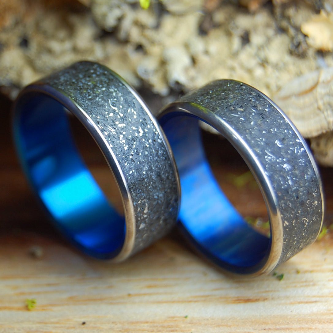 CESSNA RIDE TO HAWAII SET | Men's Crushed Plane Parts, Black Hawaiian Sand | Titanium Wedding Ring - Minter and Richter Designs