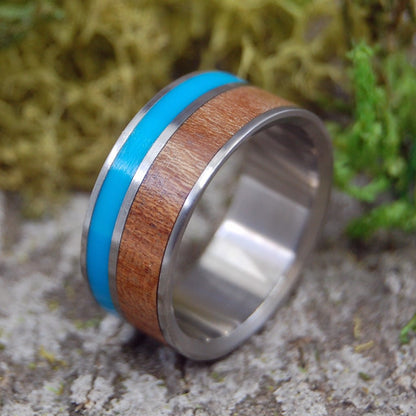 Cherry Cove | Size 11.75 At 9.5mm | Cherry Wood & Turquoise | Unique Wedding Ring | On Sale - Minter and Richter Designs