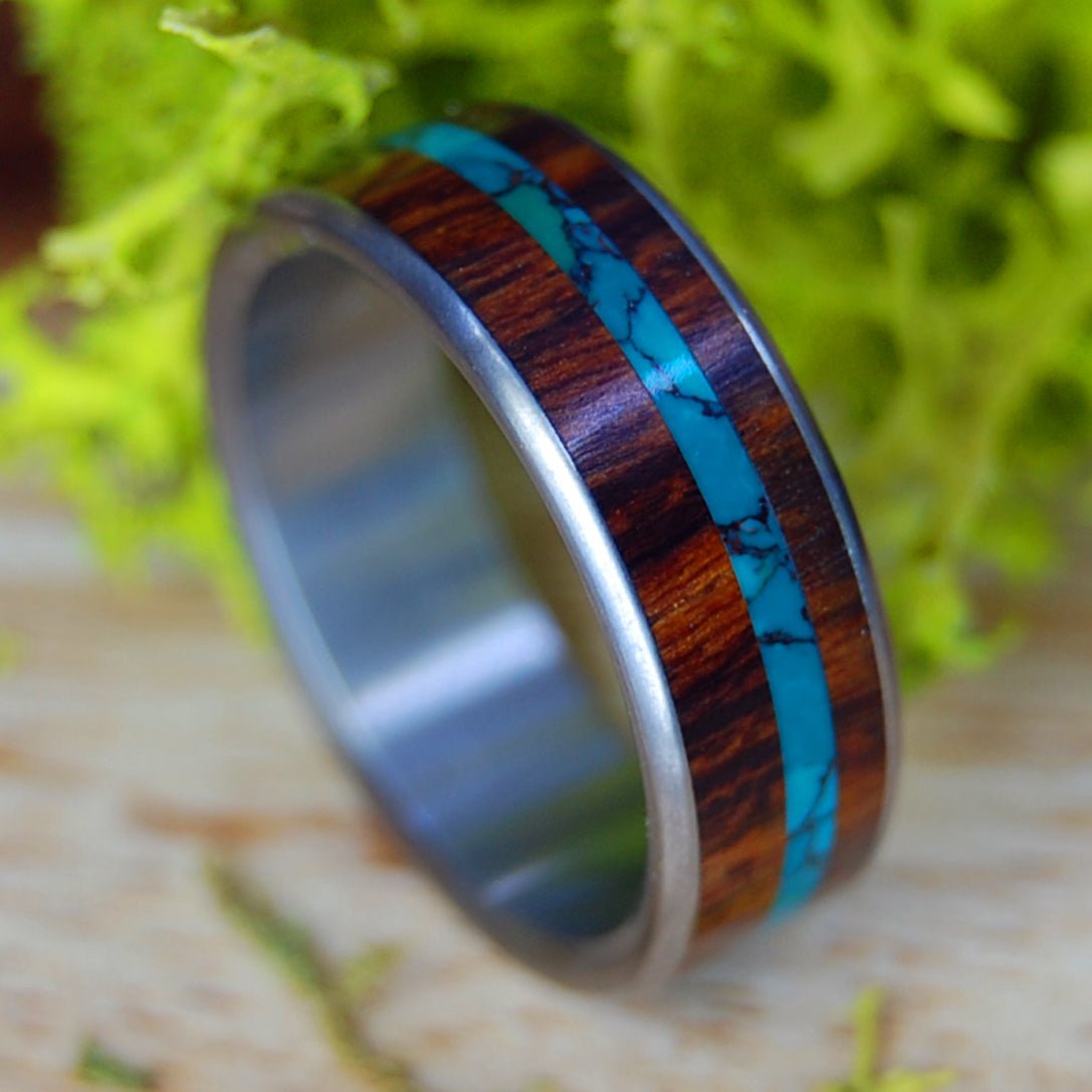 CHRYSOCOLLA RIVER, MANZANITE FOREST | Men's Manzanite Wood, Swirled Chrysocolla Stone & Titanium Wedding Ring - Minter and Richter Designs