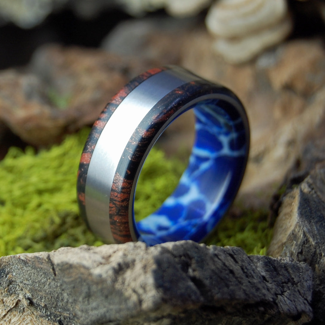 JAPANESE WITH COBALT | Cobalt Stone, Black Red Mokume Gane - Titanium Wedding Ring - Minter and Richter Designs