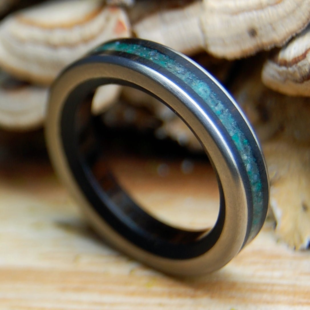 COCO FOR COSTA RICA | Crushed Jade, Costa Rica Beach Sand, Cocobolo & Titanium Wedding Ring - Minter and Richter Designs