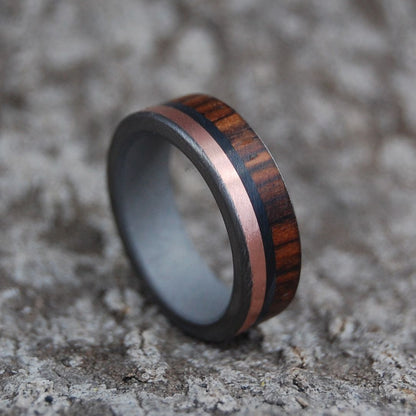 Coco Loco | Men's Cocobolo Wood, Copper, Onyx Stone & Titanium Wedding Ring - Minter and Richter Designs