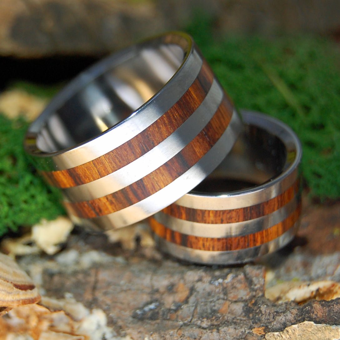 COCOBOLO HARVEST WIDE SET | Men's & Women's Cocobolo Wood & Titanium Wedding Rings - Minter and Richter Designs
