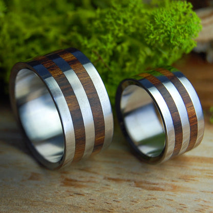 COCOBOLO HARVEST WIDE SET | Men's & Women's Cocobolo Wood & Titanium Wedding Rings - Minter and Richter Designs
