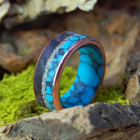 COLORS OF OKINAWA II |  Turquoise, Pink Okinawa Beach Sand & Wood, Copper Wedding Rings - Unique Wedding Rings - Minter and Richter Designs