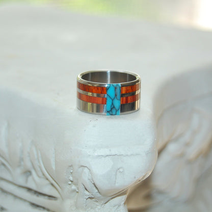 Comet & Constellation | Men's Tulip Wood, Cocobolo Wood, Turquoise & Titanium Wedding Ring - Minter and Richter Designs