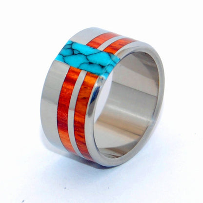 Comet & Constellation | Men's Tulip Wood, Cocobolo Wood, Turquoise & Titanium Wedding Ring - Minter and Richter Designs