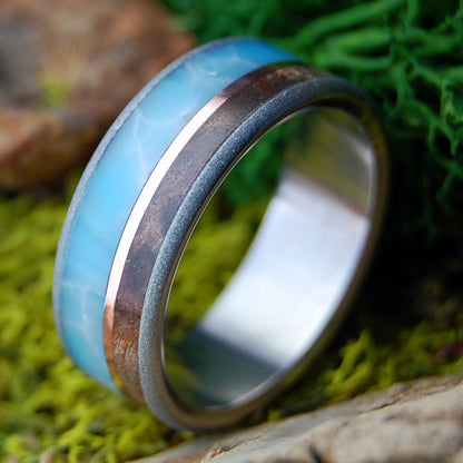 CONDUCTOR | Men's Larimar, CA Redwood & Titanium & Copper Wedding Ring - Minter and Richter Designs