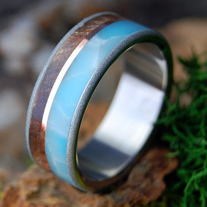 CONDUCTOR | Men's Larimar, CA Redwood & Titanium & Copper Wedding Ring - Minter and Richter Designs