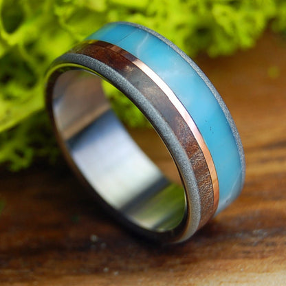 CONDUCTOR | Men's Larimar, CA Redwood & Titanium & Copper Wedding Ring - Minter and Richter Designs
