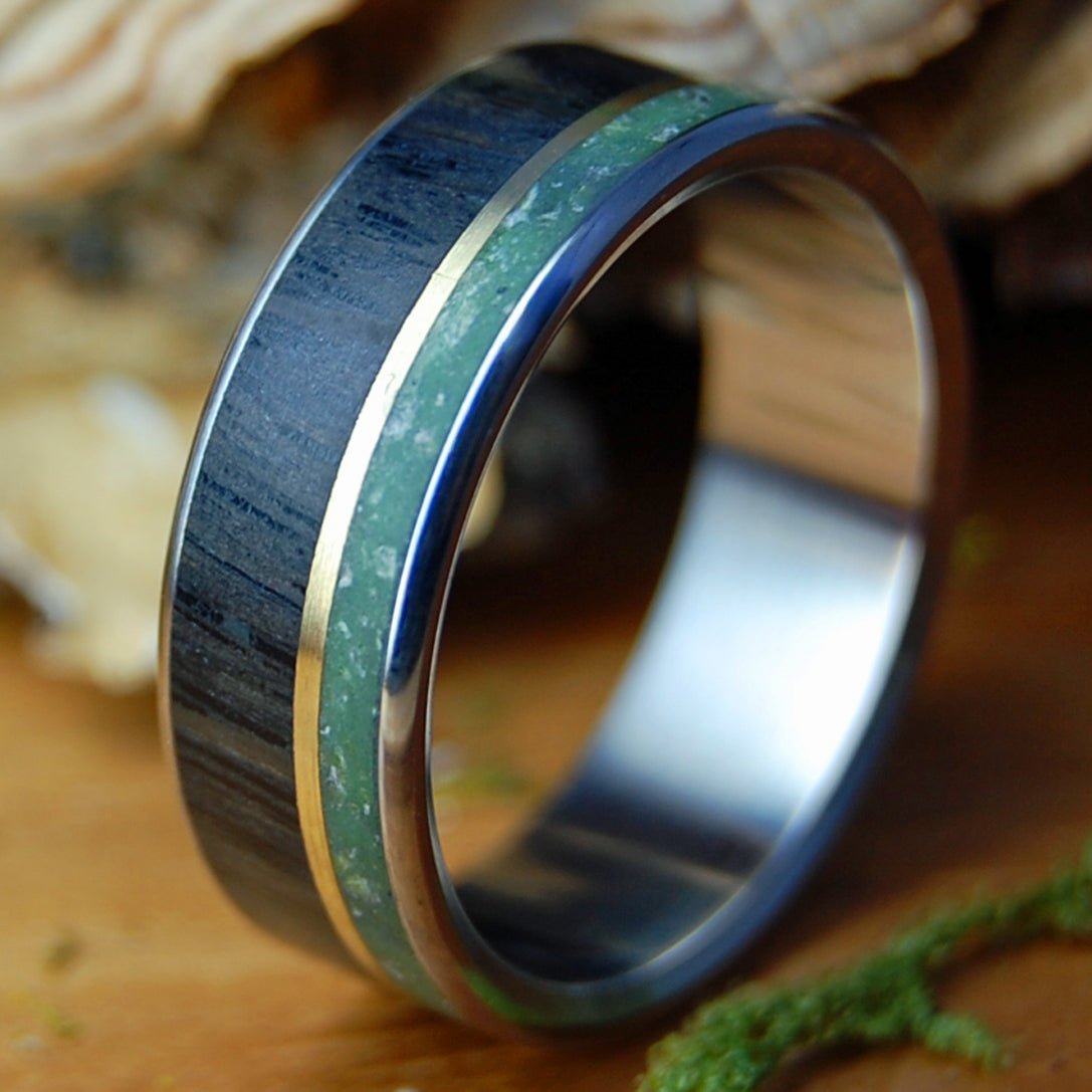 CONNEMARA MARBLE BOG BRASS| Men's Connemara Marble, Irish Bog Oak & Titanium & Brass Wedding Ring - Minter and Richter Designs