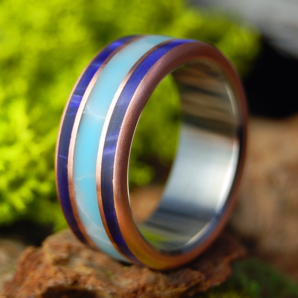COPPER LARIMAR PURPLE | Men's Purple Marbled Opalescent, Copper, Larimar & Titanium Wedding Ring - Minter and Richter Designs