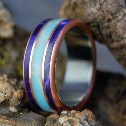 COPPER LARIMAR PURPLE | Men's Purple Marbled Opalescent, Copper, Larimar & Titanium Wedding Ring - Minter and Richter Designs