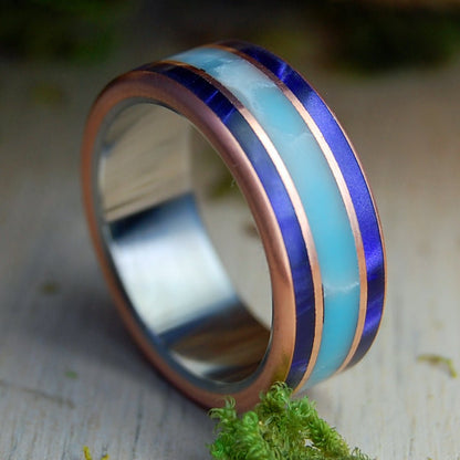 COPPER LARIMAR PURPLE | Men's Purple Marbled Opalescent, Copper, Larimar & Titanium Wedding Ring - Minter and Richter Designs