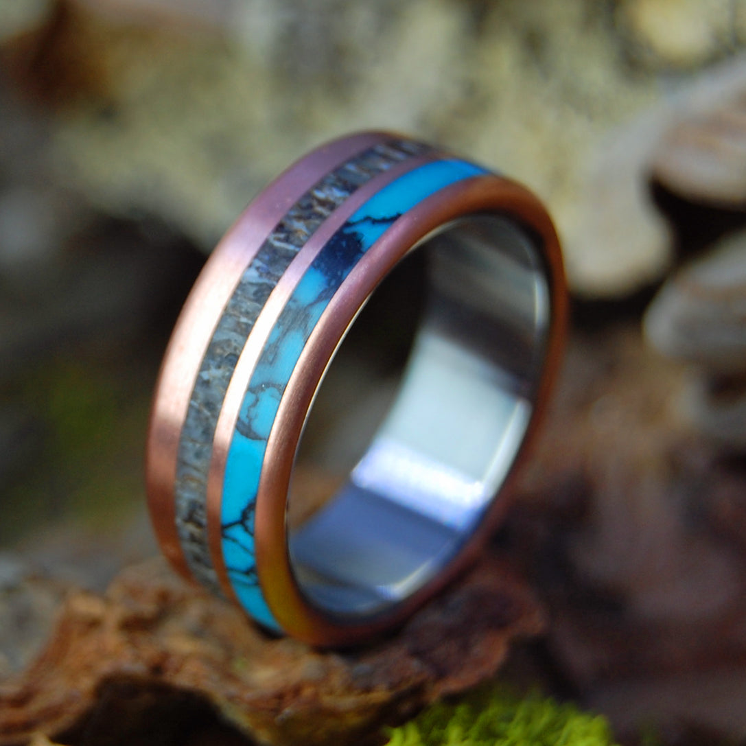 COPPER MOOSE - Copper, Turquoise and Moose Antler - Titanium Wedding Ring - Unique wedding Rings - Minter and Richter Designs