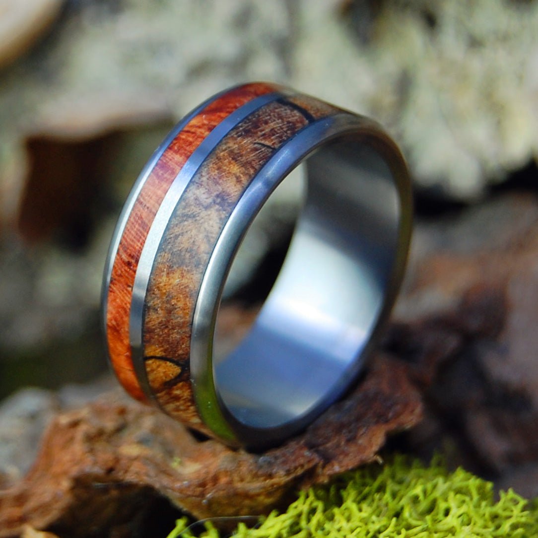 Corner Of Her Heart | Men's Spalted Maple, Amboyna Burl & Titanium Wedding Ring - Minter and Richter Designs