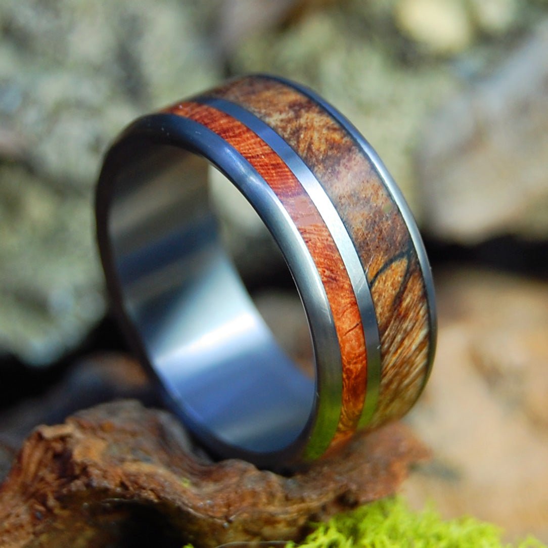 Corner Of Her Heart | Men's Spalted Maple, Amboyna Burl & Titanium Wedding Ring - Minter and Richter Designs