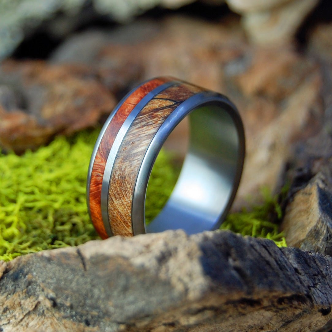 Corner Of Her Heart | Men's Spalted Maple, Amboyna Burl & Titanium Wedding Ring - Minter and Richter Designs