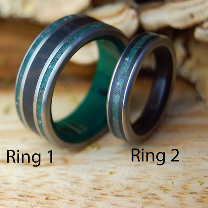 COSTA RICA COCO SET | Costa Rica Beach Sand, Crushed Jade, Cocobolo & Titanium - Unique Wedding Rings - Minter and Richter Designs