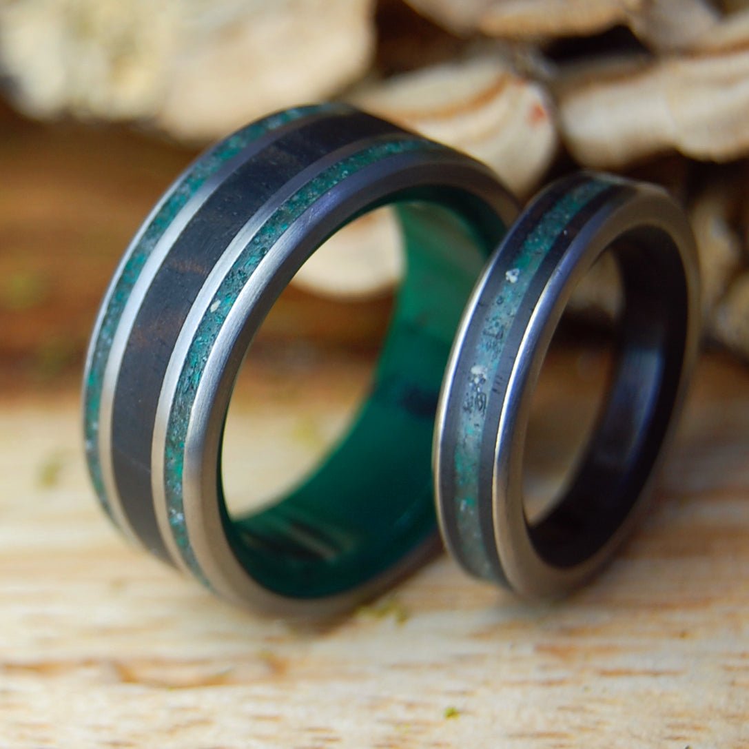 COSTA RICA COCO SET | Costa Rica Beach Sand, Crushed Jade, Cocobolo & Titanium - Unique Wedding Rings - Minter and Richter Designs