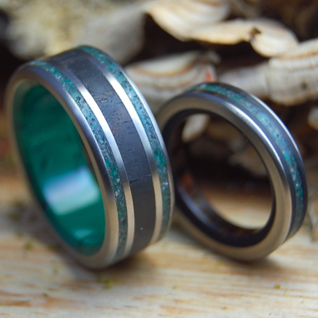 COSTA RICA COCO SET | Costa Rica Beach Sand, Crushed Jade, Cocobolo & Titanium - Unique Wedding Rings - Minter and Richter Designs