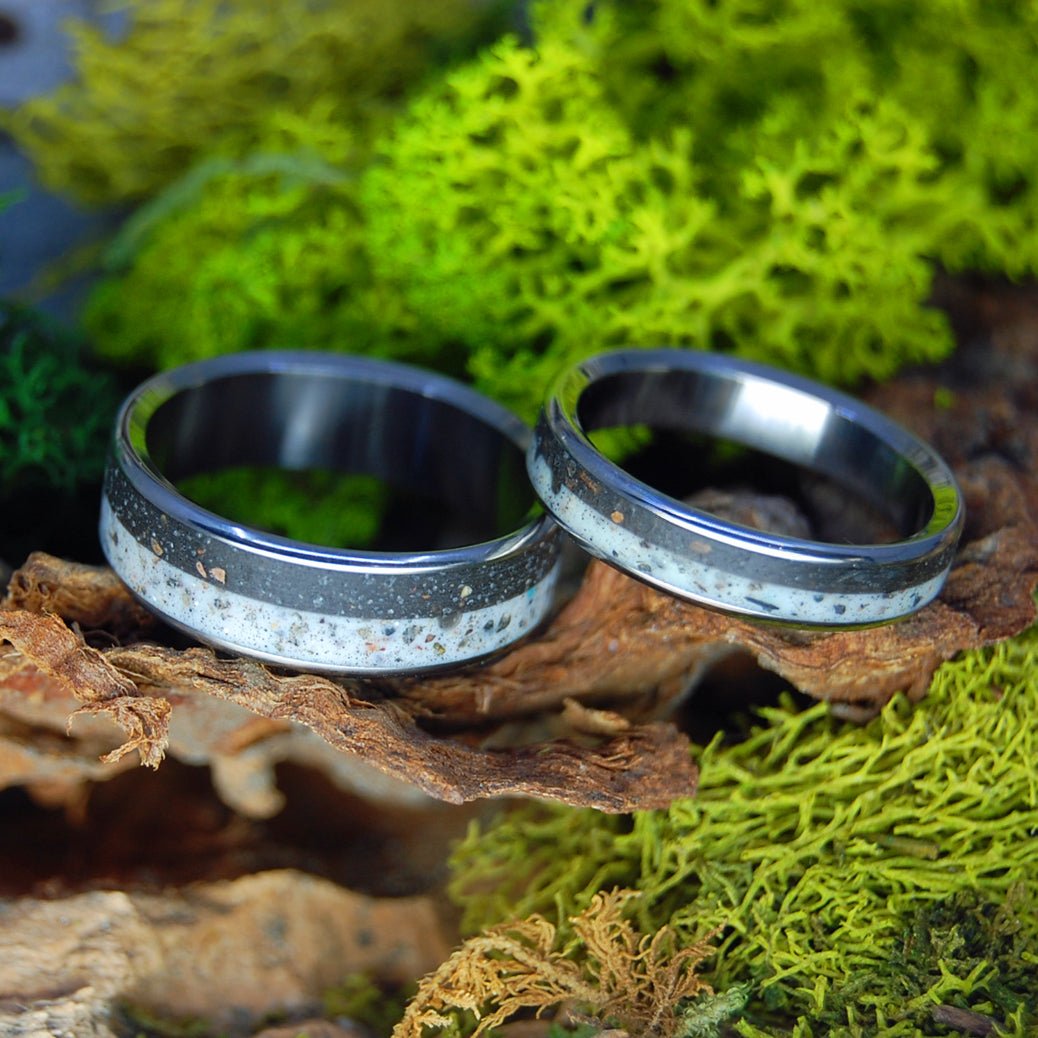 CROWDER OKLAHOMA SET | His & Hers Beach Sand, Rocks & Titanium Wedding Rings - Minter and Richter Designs
