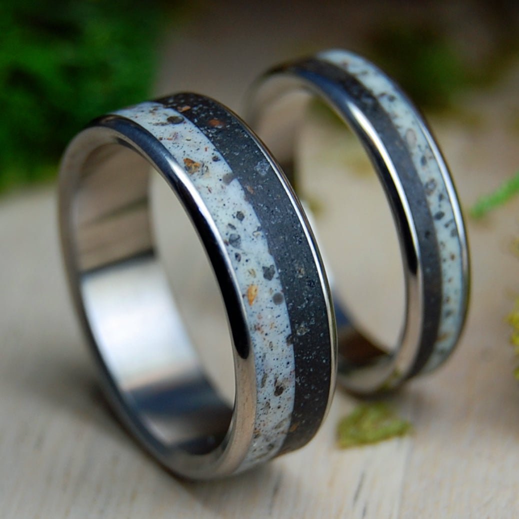 CROWDER OKLAHOMA SET | His & Hers Beach Sand, Rocks & Titanium Wedding Rings - Minter and Richter Designs